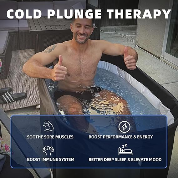 Man enjoying cold plunge therapy in a cryotherapy tub for home use to soothe muscles and boost energy
